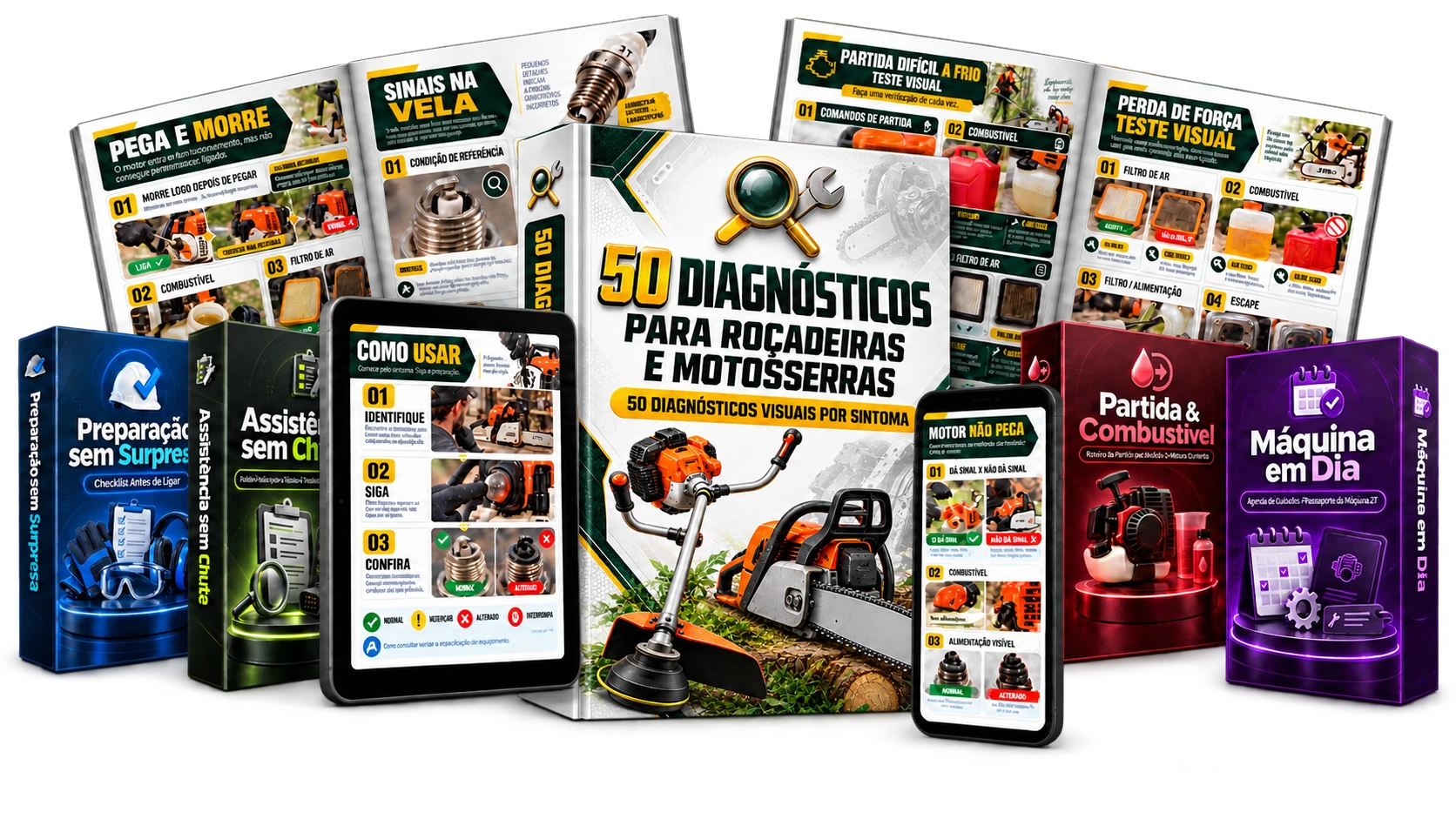Mockup completo dos 50 Diagnósticos para Roçadeiras e Motosserras com folhas, tablet, celular e quatro bônus