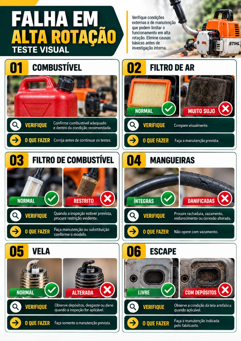 Página do guia: falha em alta rotação, teste visual